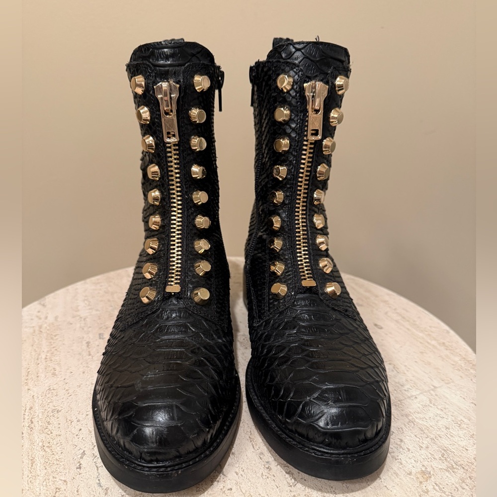 Jeffrey Campbell Black Snakeskin Embossed and Gold Studded Women's Booties